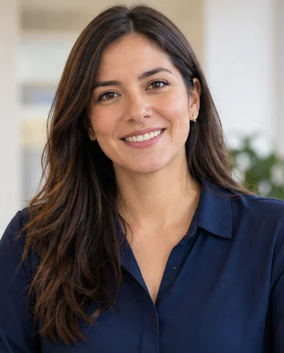 Consultora de Marksoft sonriendo en la oficina