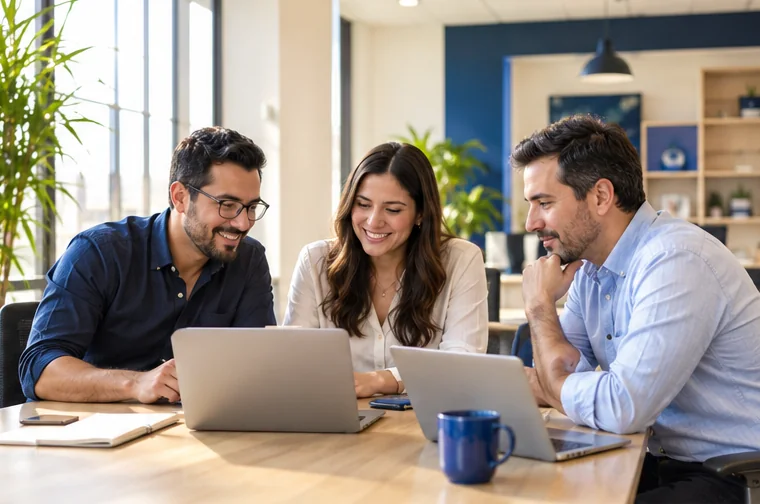 Equipo de una empresa mexicana colaborando con sus laptops
