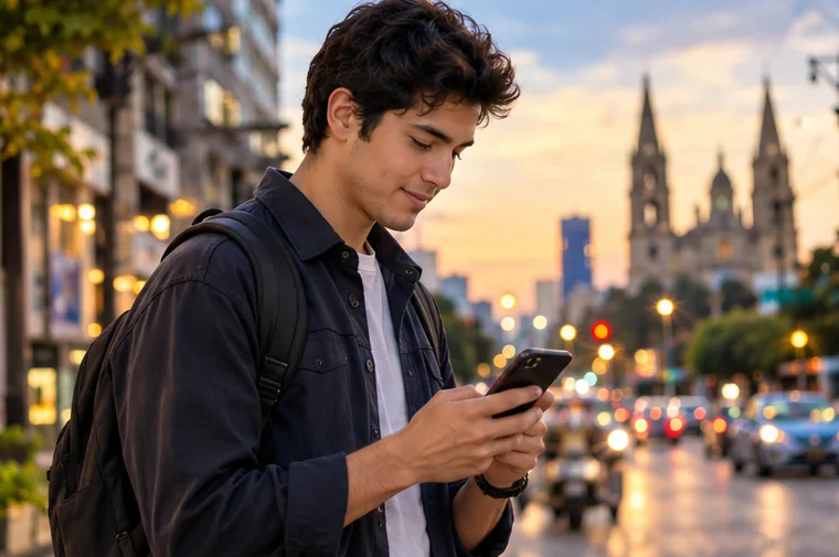 Joven revisando su celular en una calle de Guadalajara al atardecer